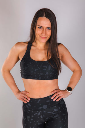 Black Terrazzo Strappy Sports Bra